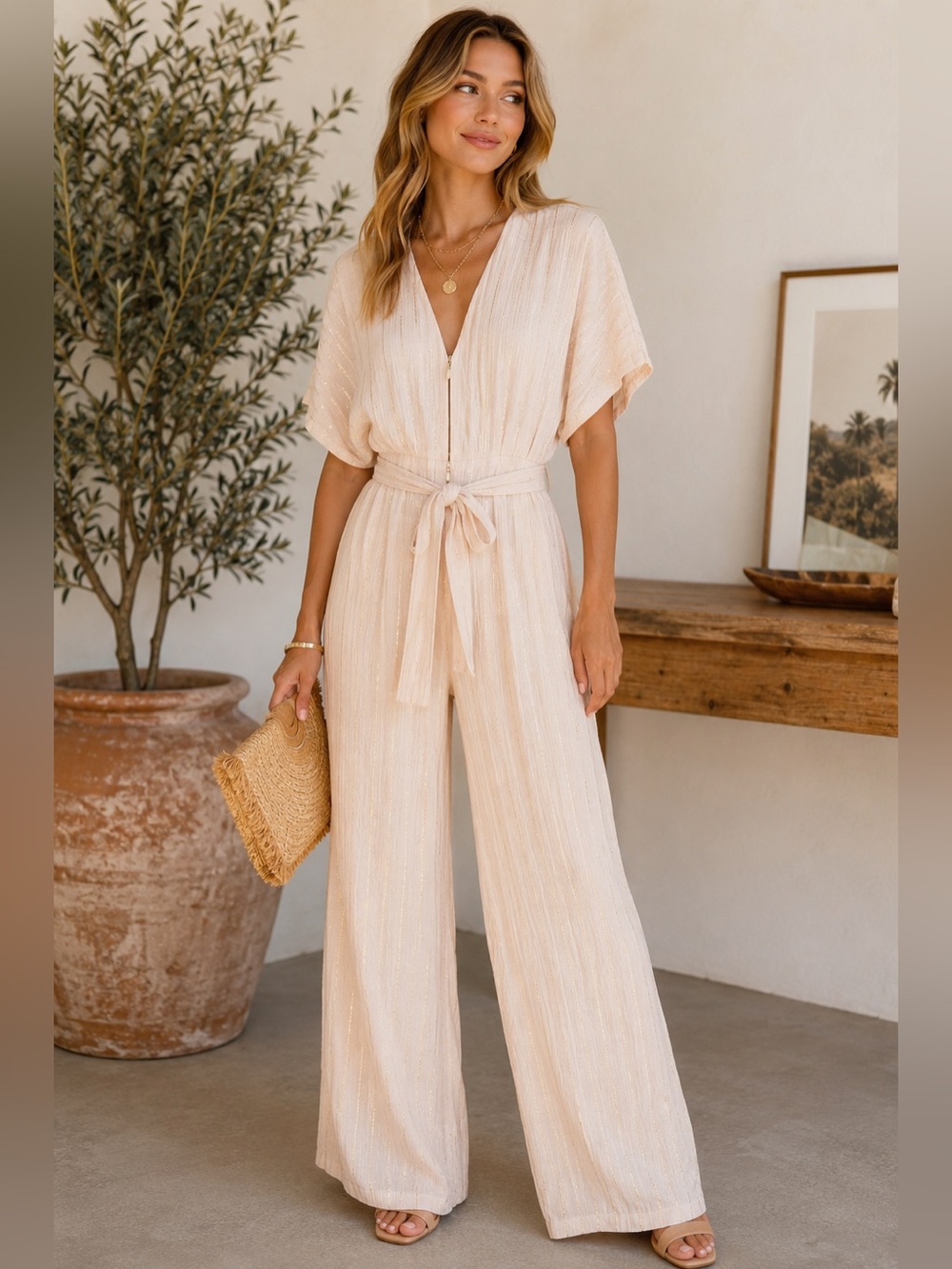 Knot Sisters Light Peach Gold Metallic Stripe Tie Waist Jumpsuit Medium NWT